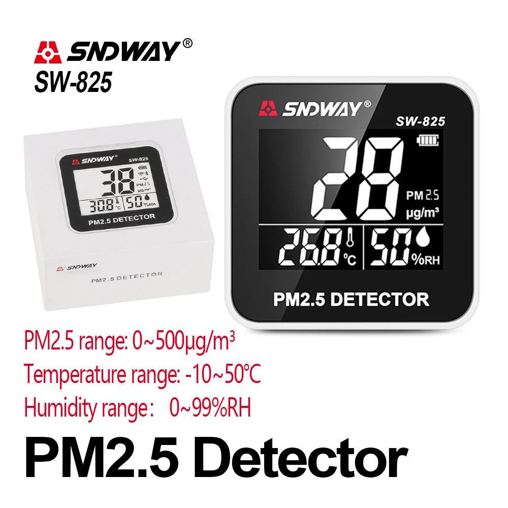 SW-825 Digital PM2.5 Detector 0-500 ugm³ Mini Portable Temperature Humidity Meter Laser Sensor Air Quality Monitor SW-825 Digital PM2.5 Detector 0-500 ugm³ Mini Portable Temperature Humidity Meter Laser Sensor Air Quality Monitor